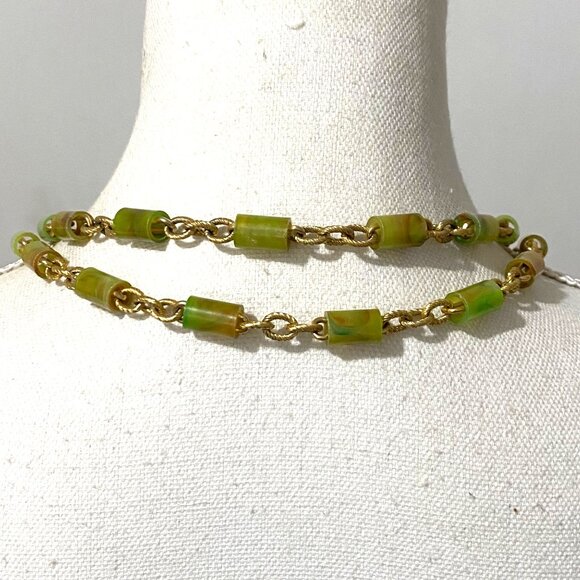 Macaroni Long Necklace 50" Gold Tone Chain Fall Color Boho Career Business - Picture 2 of 3